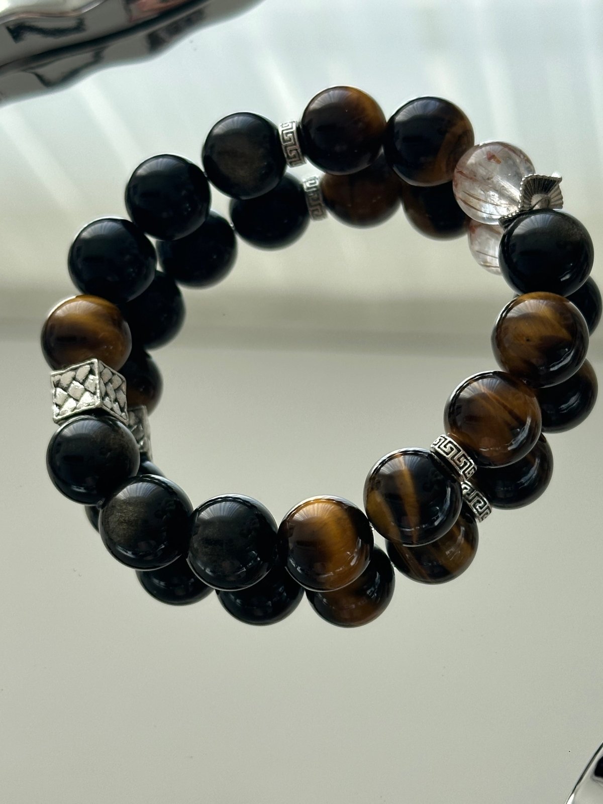 Tiger Balance – Armband mit Goldobsidian, Tigerauge & Black Super Seven - AuraGleam