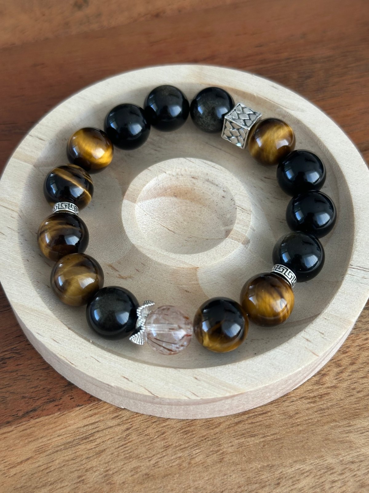 Tiger Balance – Armband mit Goldobsidian, Tigerauge & Black Super Seven - AuraGleam