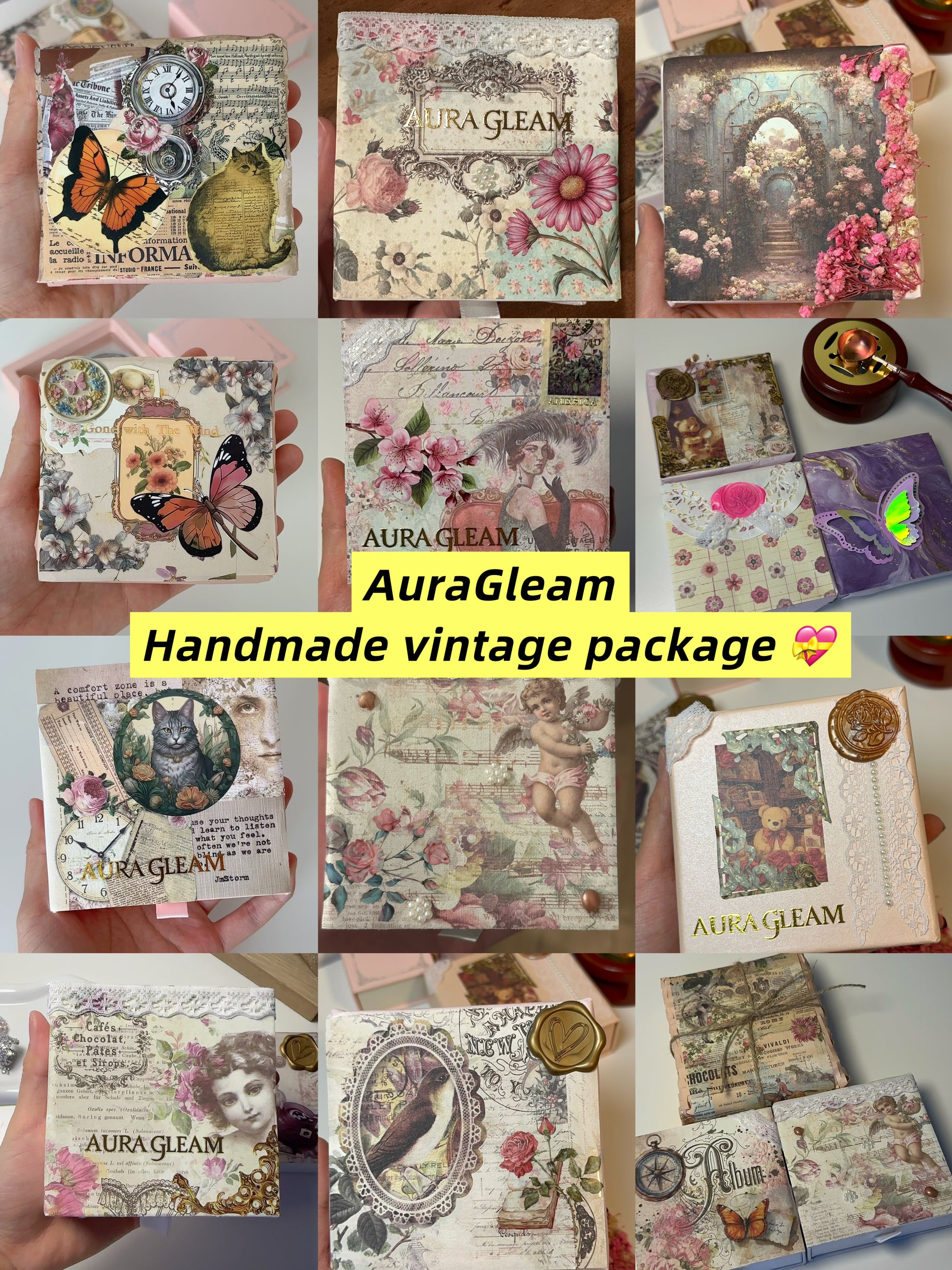 Handgefertigte Vintage-Schmuckbox "Aura" mit Collagen und Spitzen-Details.