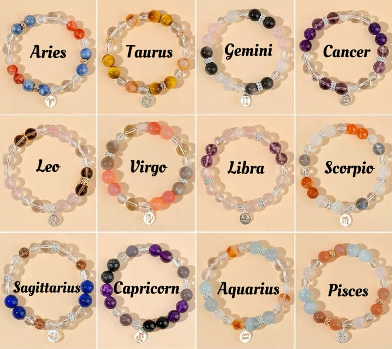 Zodiac Harmony – Armband mit natürlichen Heilsteinen & Sternzeichen - Anhänger aus 925er Silber - AuraGleam